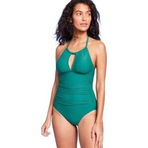 Kona Sol Size Small 4-6 Teal Green Tunnel Front Halter Strap 1 Piece Swimsuit